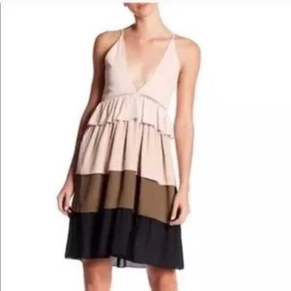ENGLISH FACTORY Dress 3 Tier Color Block Straps Side Zips Sheer Babydoll